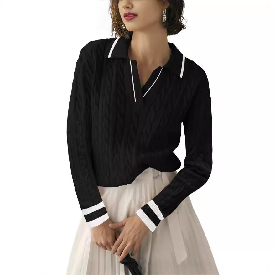 Damen Poloshirt Strickmuster Kontrastfarben Elegant