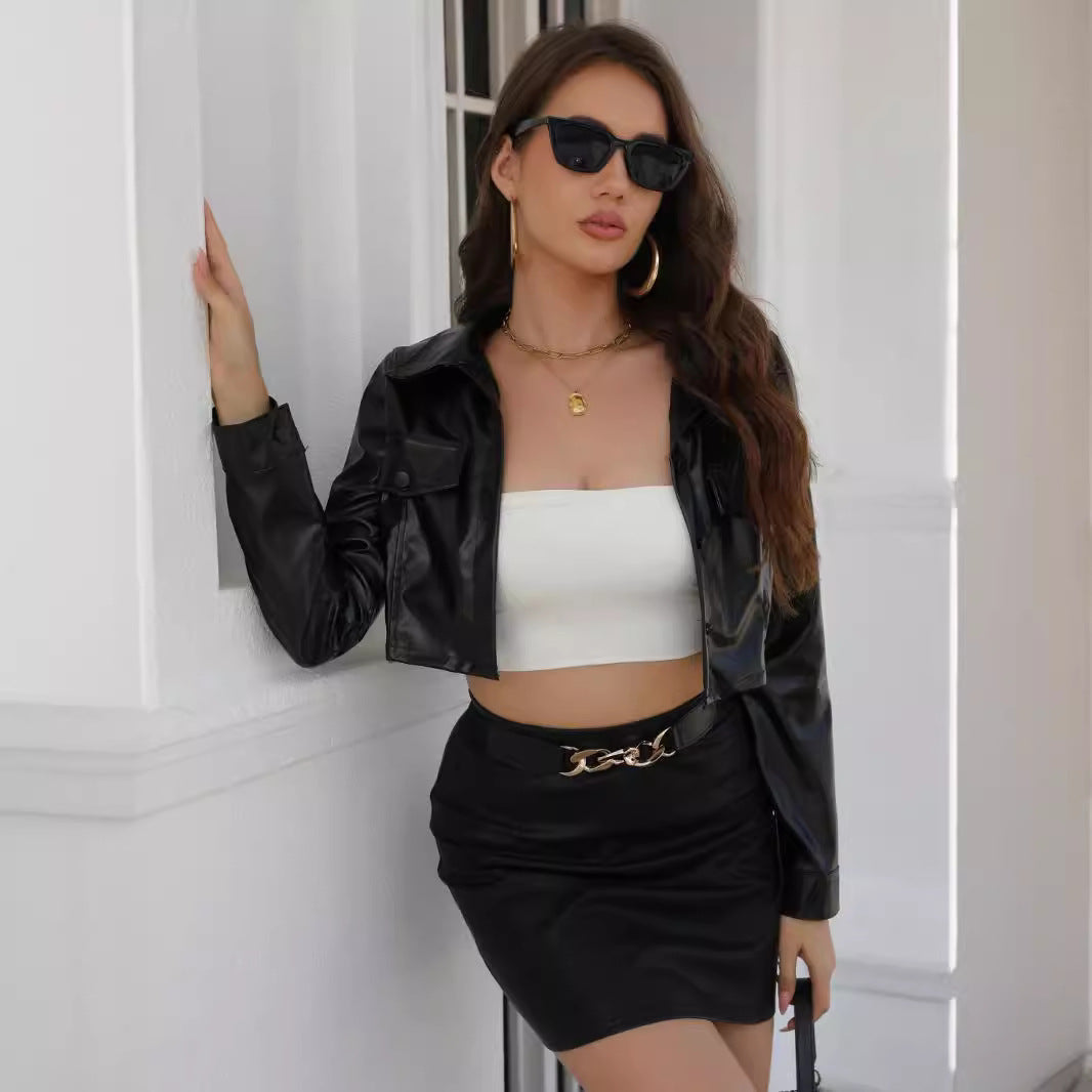 Damen Cropped Lederjacke Trendy Kurz - IdealeKleiden