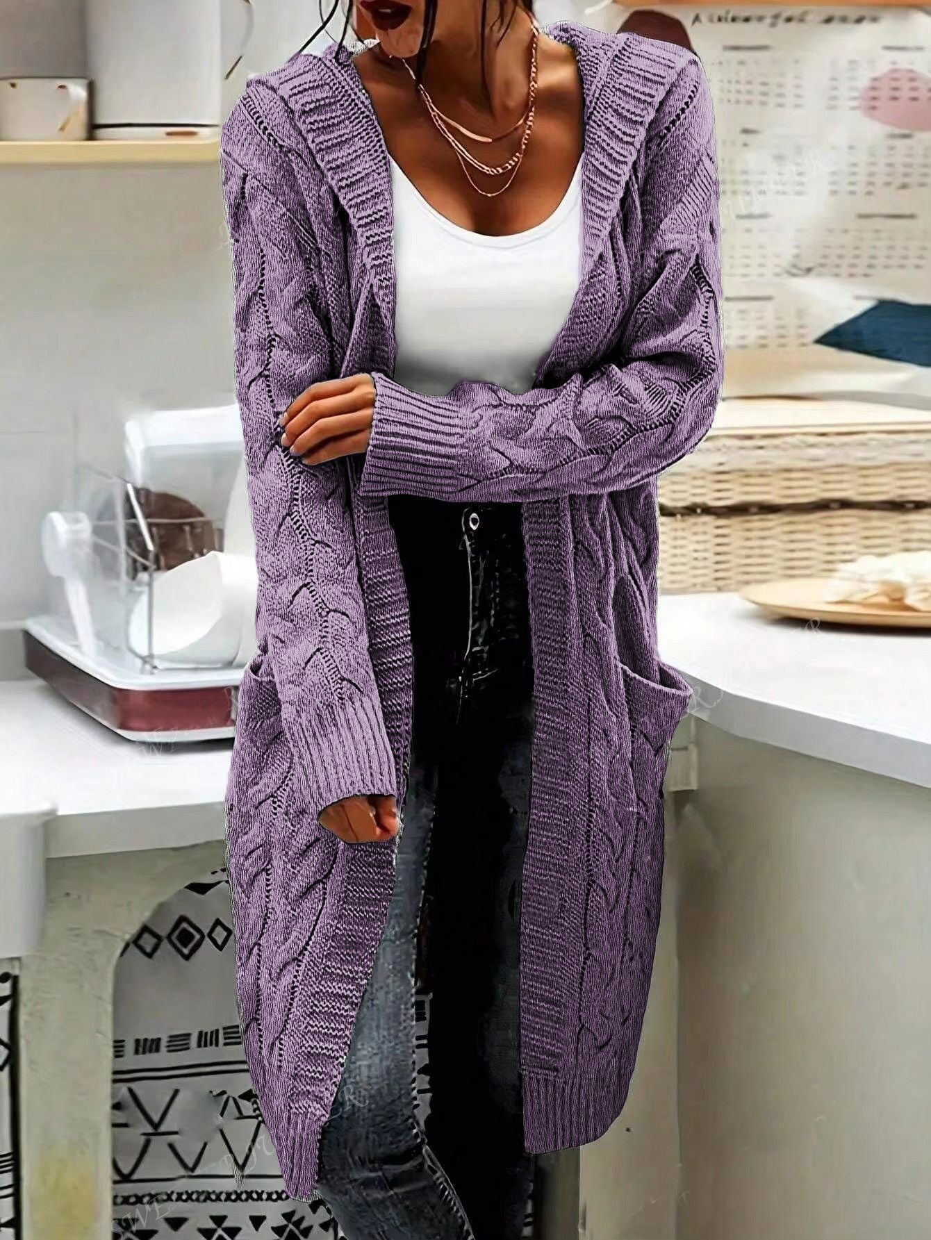 Damen Strickjacke Lässig Lang Große Taschen
