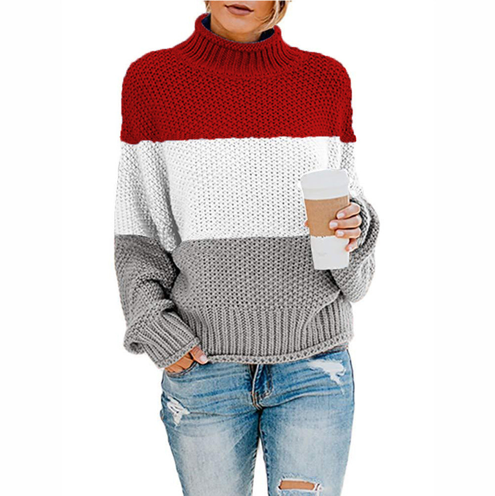 Damen Pullover Grobstrick Hochkragen Modern Farbblock