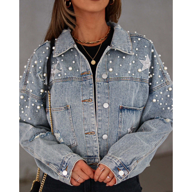 Damen Oversized Jeansjacke mit Coolen Applikationen