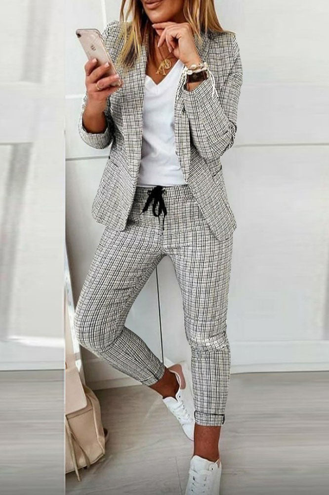 Karo Blazer Mantel & Kordelzughose Set