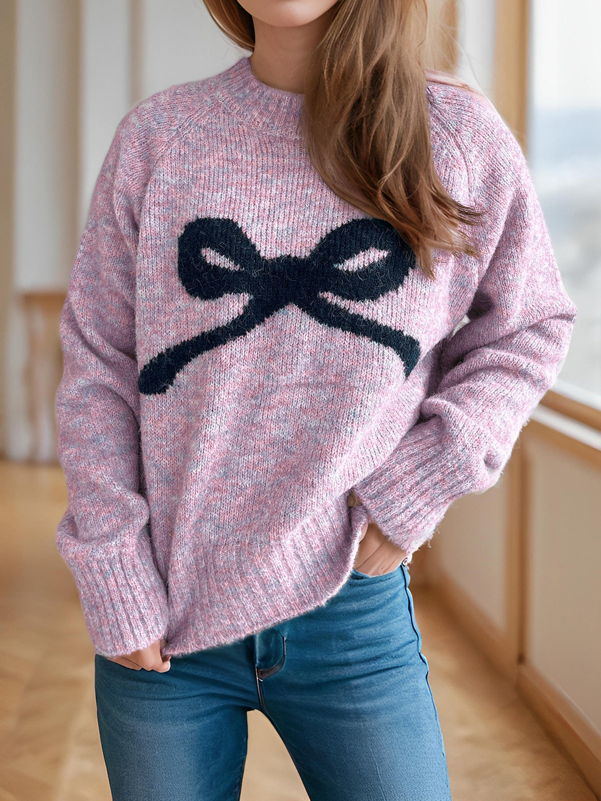 Damen Pullover Weich Schleifendesign Elegant
