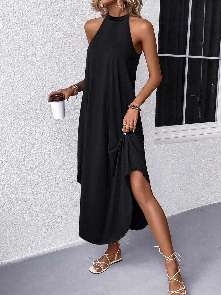 Damen Sommer Maxikleid Elegant Halterneck mit Taschen
