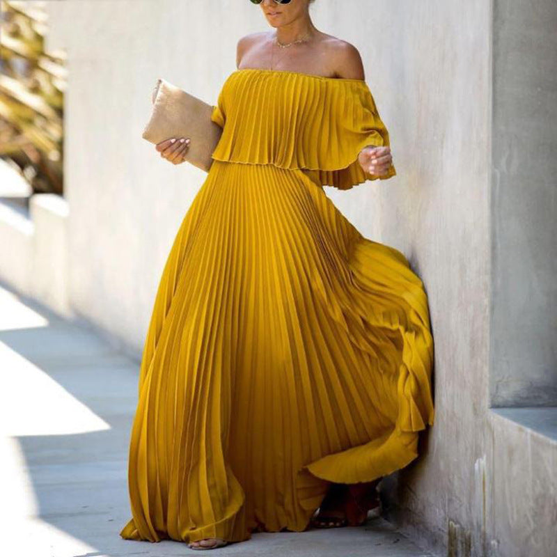 Damen Maxikleid Schulterfrei Plissiert Elegant