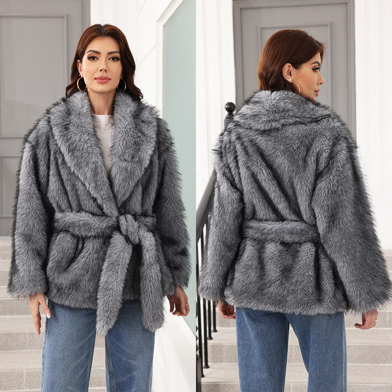 Damen Kunstpelz Mantel Chic mit Gürtel und Weitem Kragen