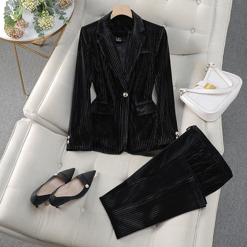 Damen Business Anzug Set mit Langem Samt Blazer