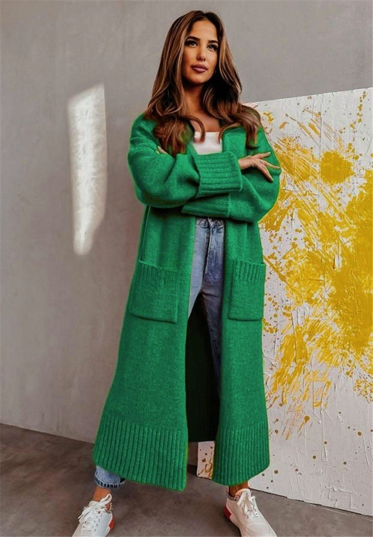 Lange Strickjacke mit Offener Vorderseite und Taschen