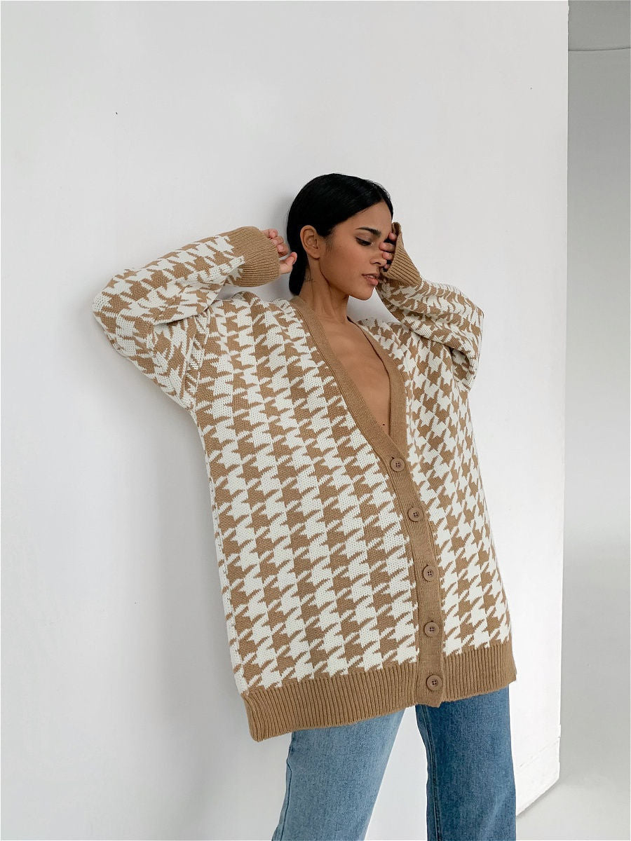 Damen Strickjacke Karo Muster Trendy V-Ausschnitt