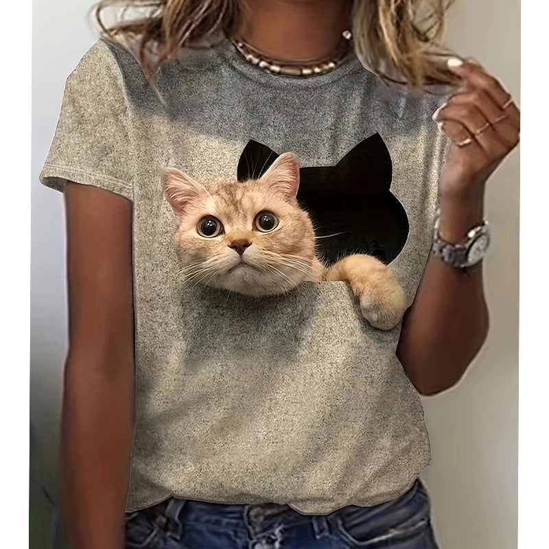 Damen T-Shirt 3D Katze Trendy Risslook