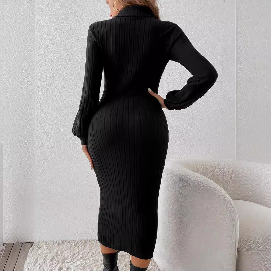 Damen Strickkleid Rippmuster Elegant Lang - IdealeKleiden