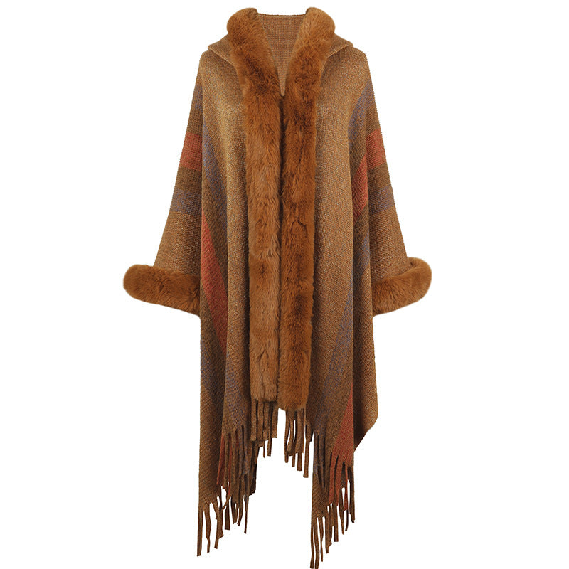 Damen Poncho Lang Luxus Faux-Fell Kragen