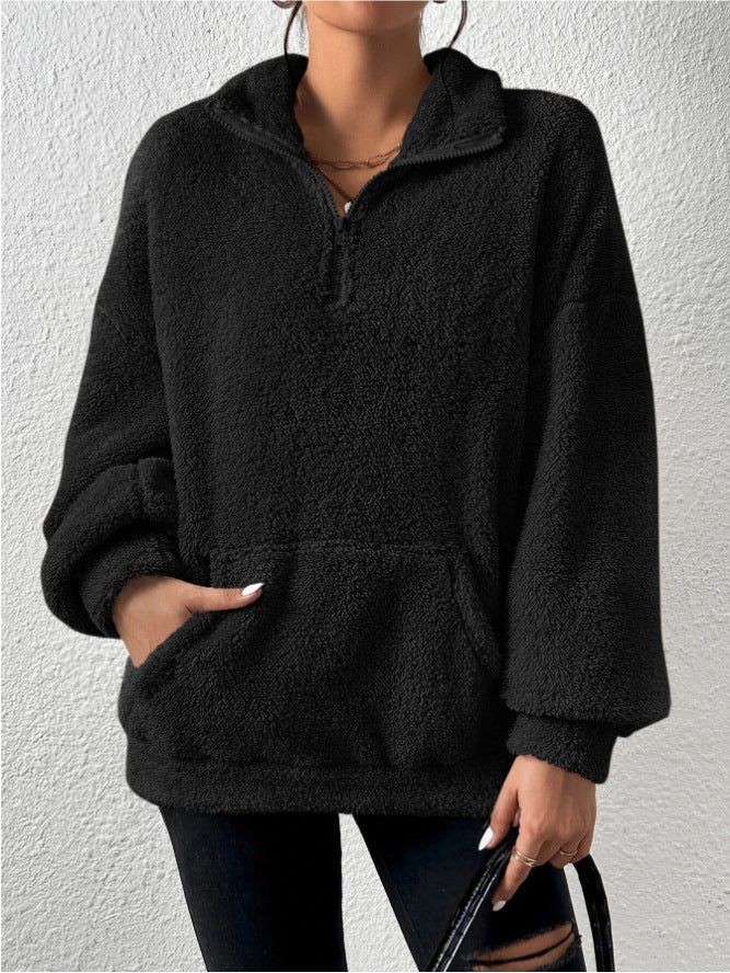 Damen Fleece Pullover Weich Stehkragen Taschen