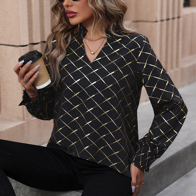 Damen Bluse Schimmernd Karo Muster Elegant - IdealeKleiden