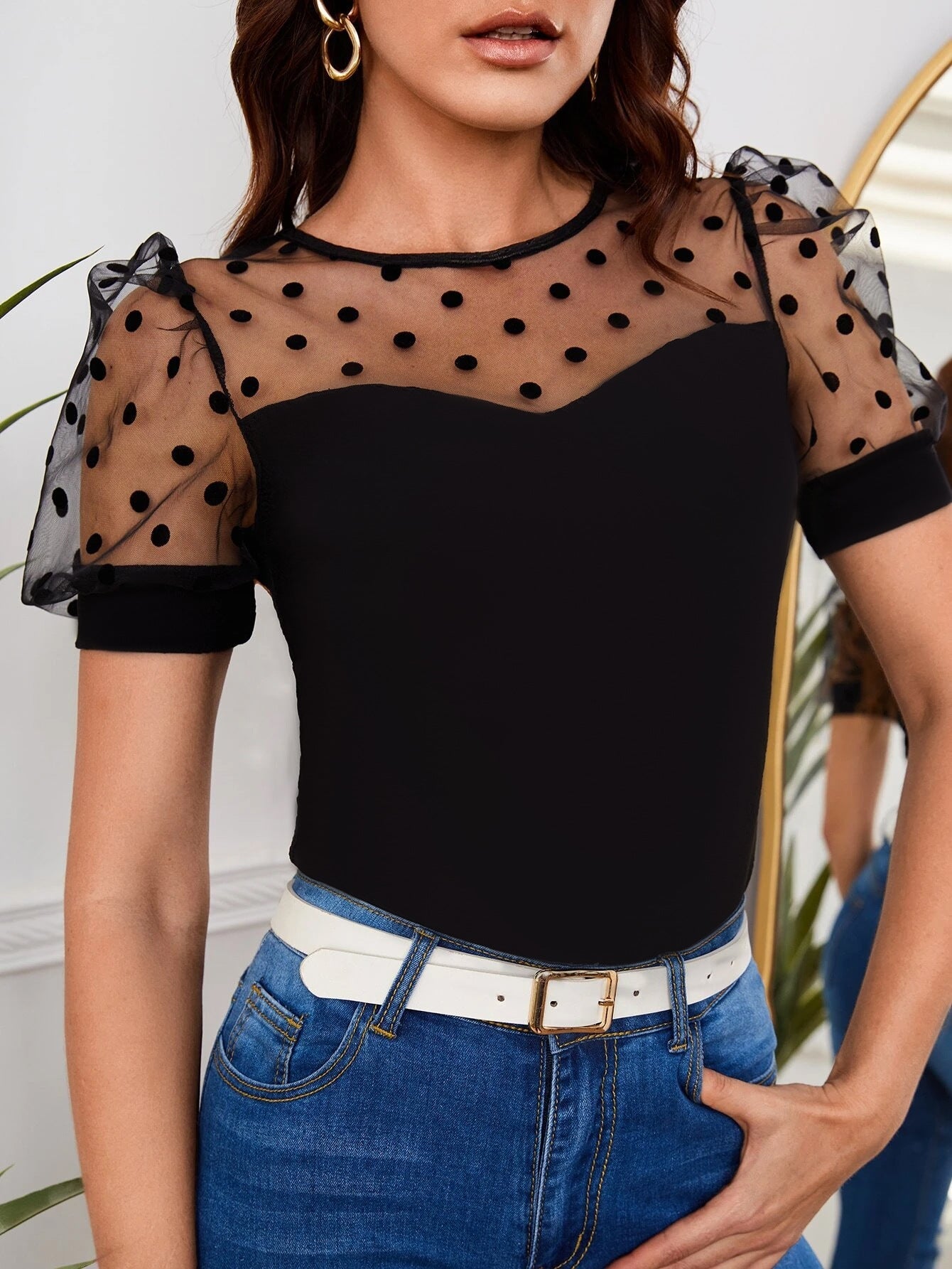 Damen Oberteil Elegant Puffärmel Punkte Trendy