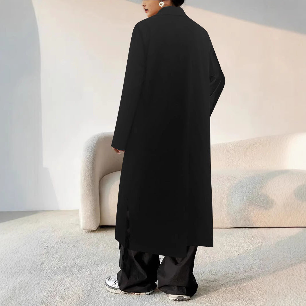 Damen Mantel Lang Elegant mit Taschen und Knöpfen - IdealeKleiden