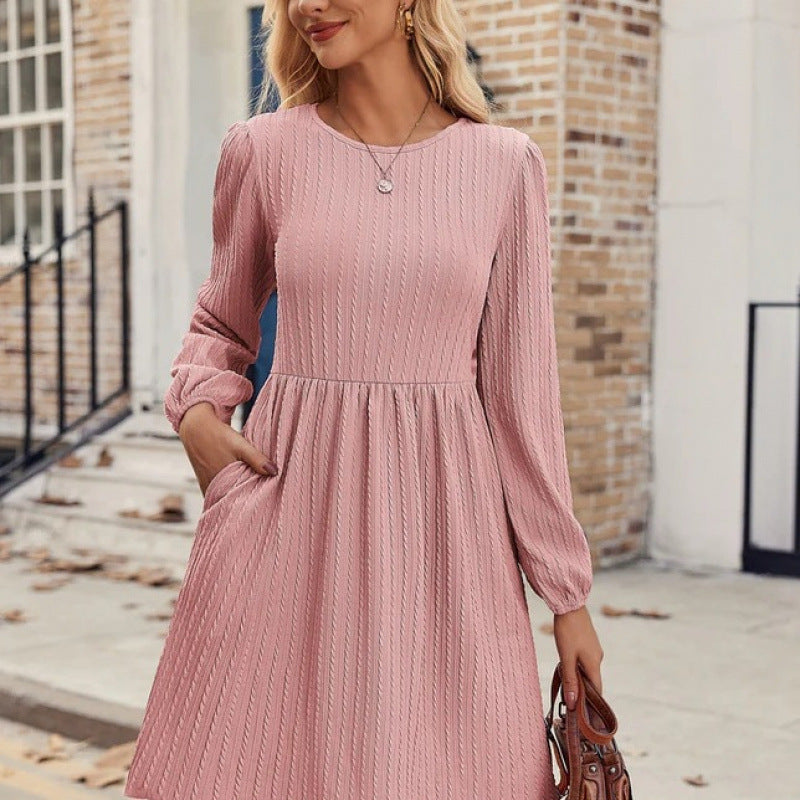 Damen A-Linie Kleid mit Puffärmeln Elegantes Rippstrick Design