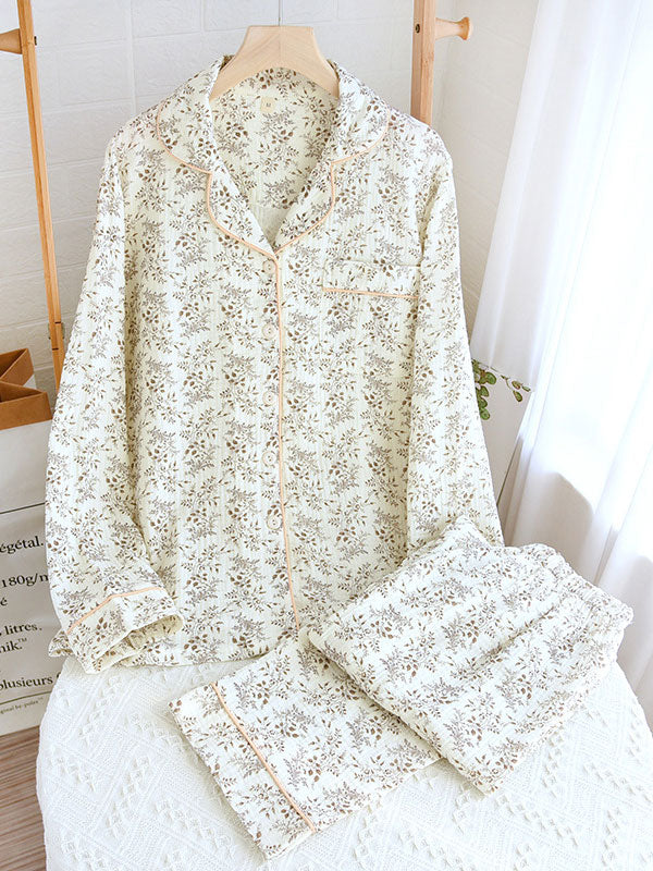 Damen Pyjama Set Blumenmuster Knopfhemd