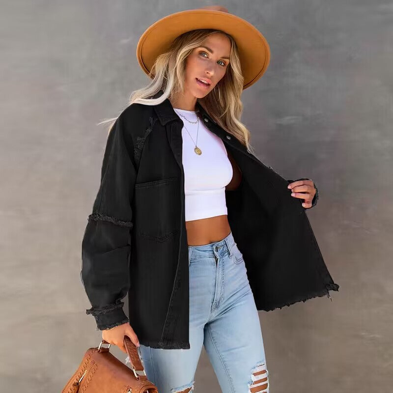 Damen Jeansjacke Lässig Vintage Style Fransen