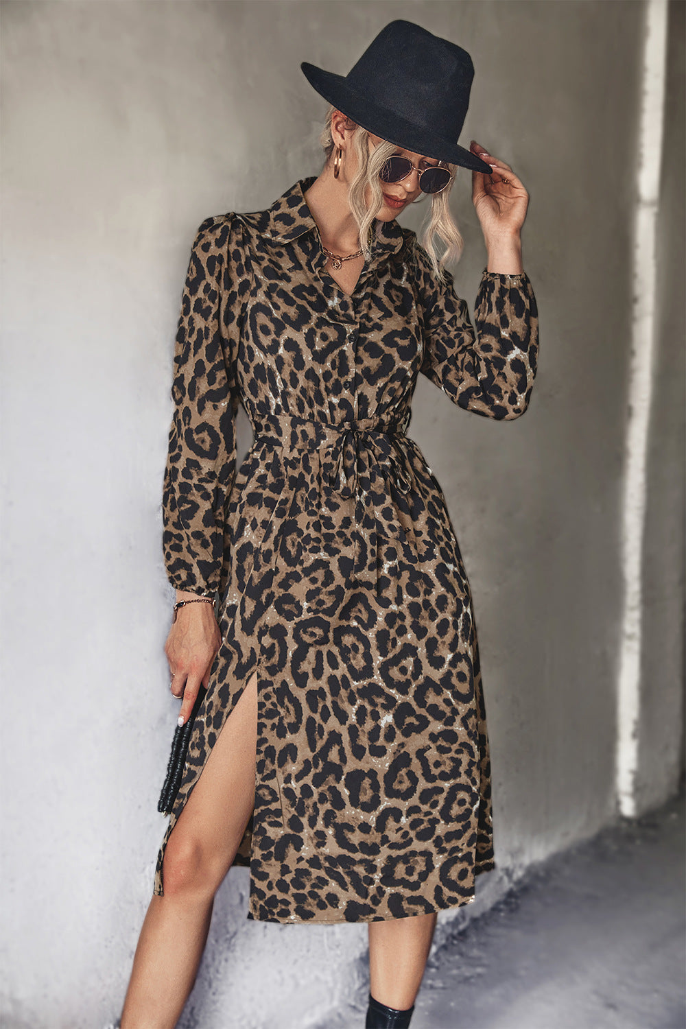 Damen Leopardenkleid Midi Elegant Schlitz Design