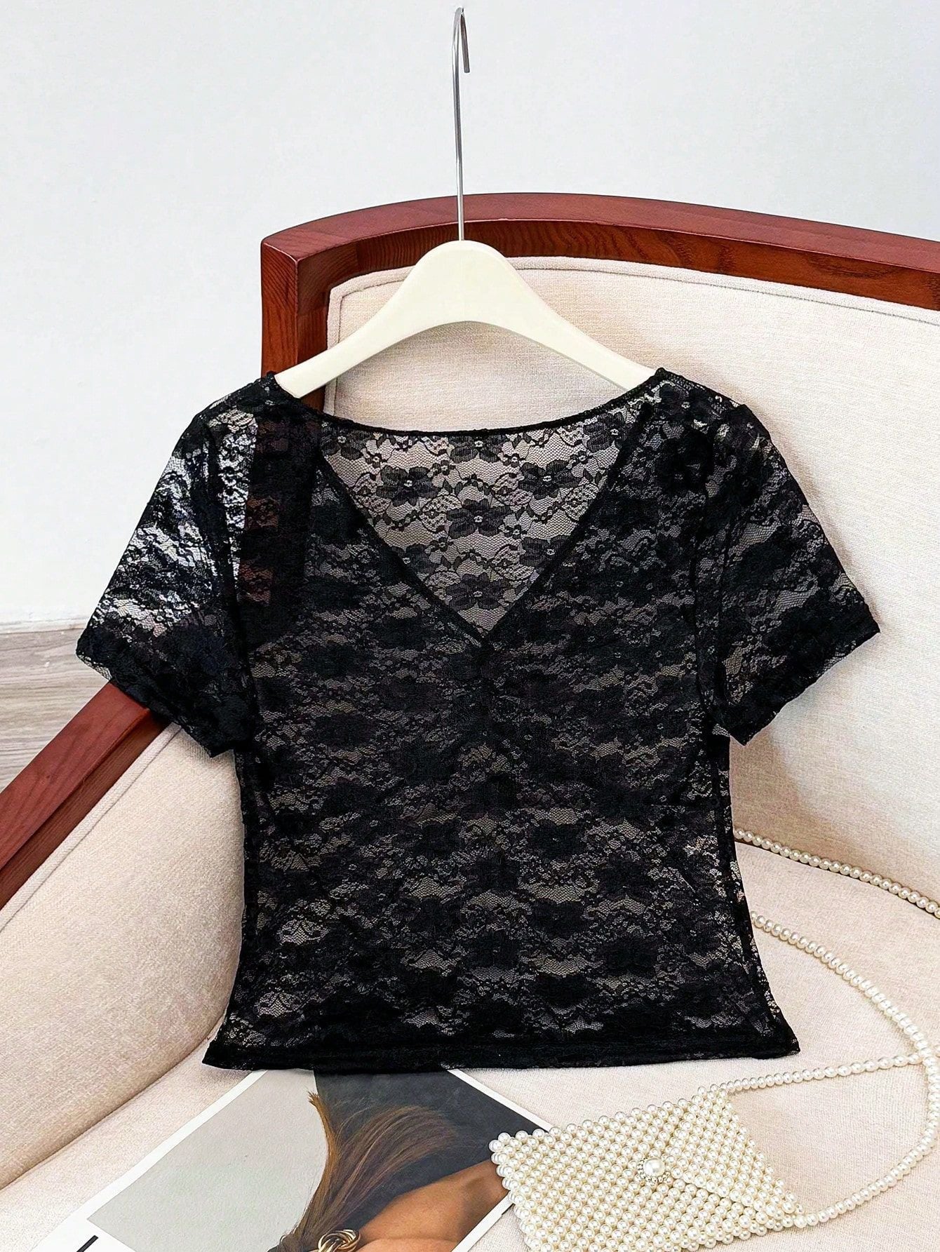 Damen Top Spitze Elegant Rüschen Detail