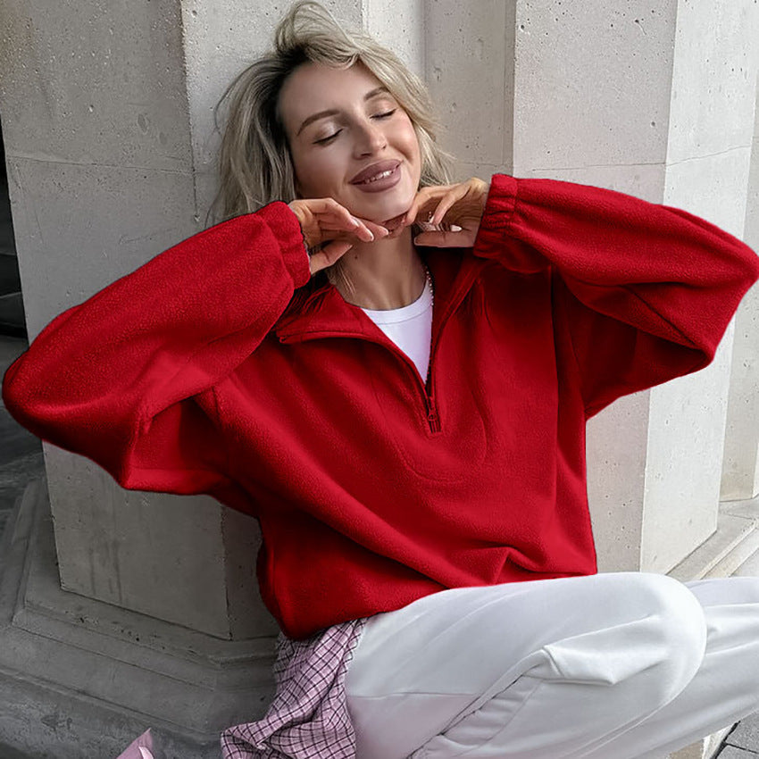 Damen Fleece Pullover Kurz Reißverschluss Modern Style