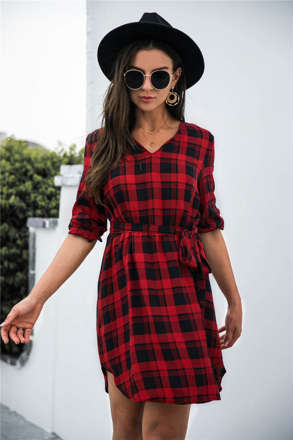 Frauen Karokleid Taillengürtel Modern Chic - IdealeKleiden