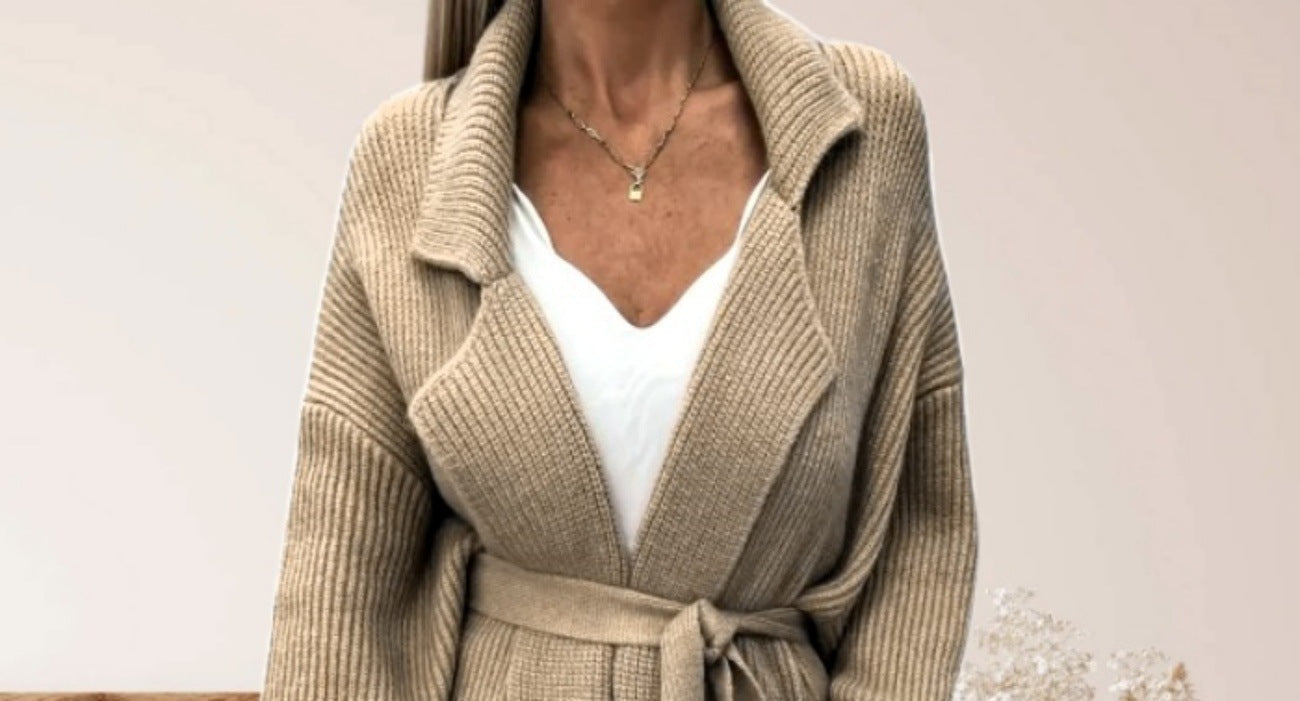 Damen Strickmantel Elegant Gürtel Breite Revers