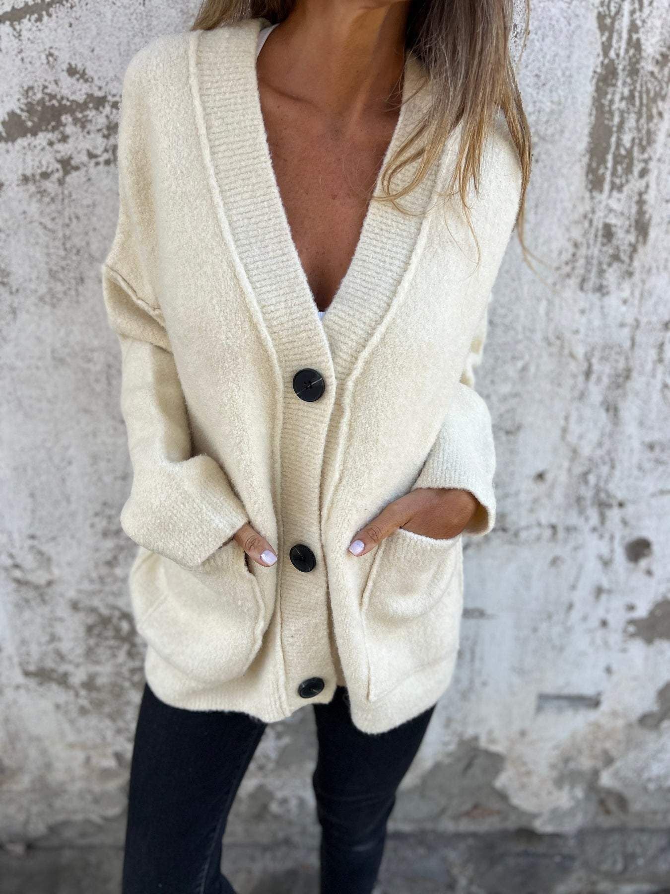 Damen Strickjacke Weich Große Taschen Knöpfe