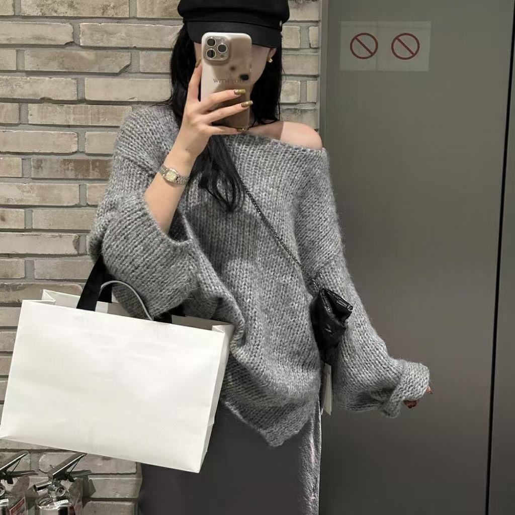 Übergrößer Pullover Langarm Off Shoulder Casual Style