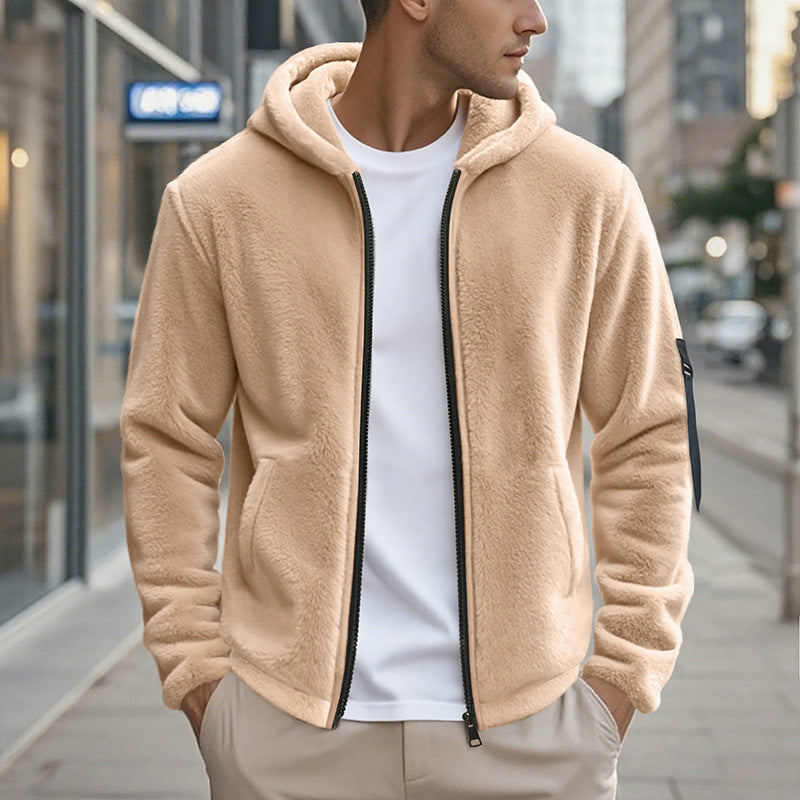 Herren Fleecejacke Kapuze Reißverschlusstaschen Outdoor
