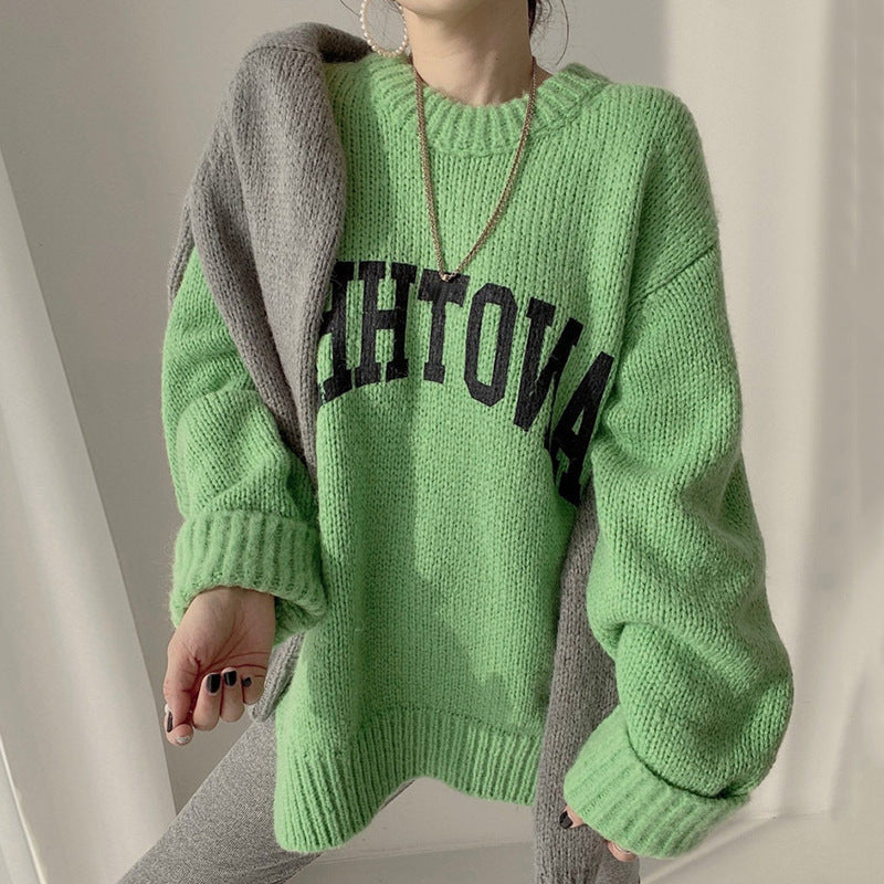 Damen Oversized Pullover Großes Logo Trendy Strickmuster
