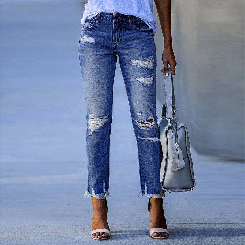 Damen Ripped Jeans Trendy Fransen