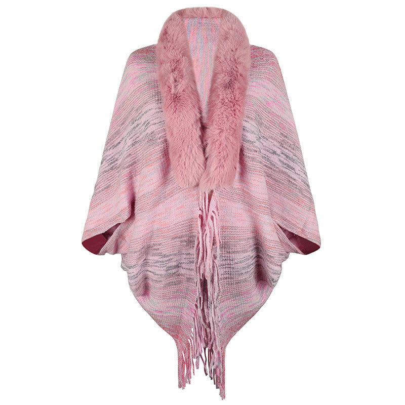 Damen Poncho Elegant Kunstfell Kragen Frauen Mantel