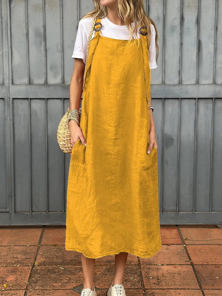 Sommerkleid Damen Leinen Bequem mit Taschen