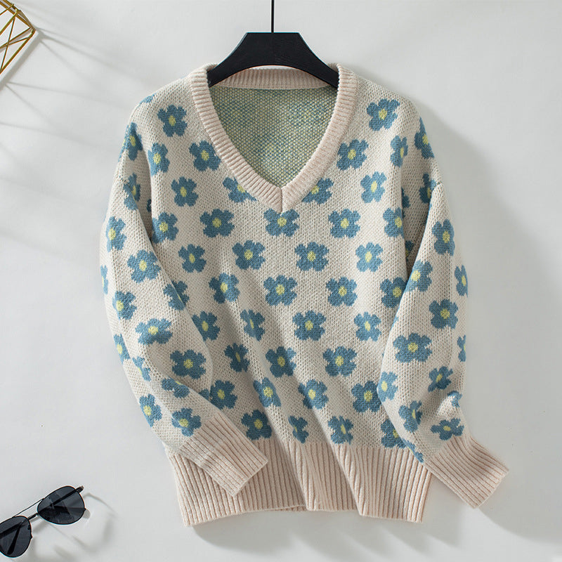 Frauen Strickpullover Blumenmuster Elegant