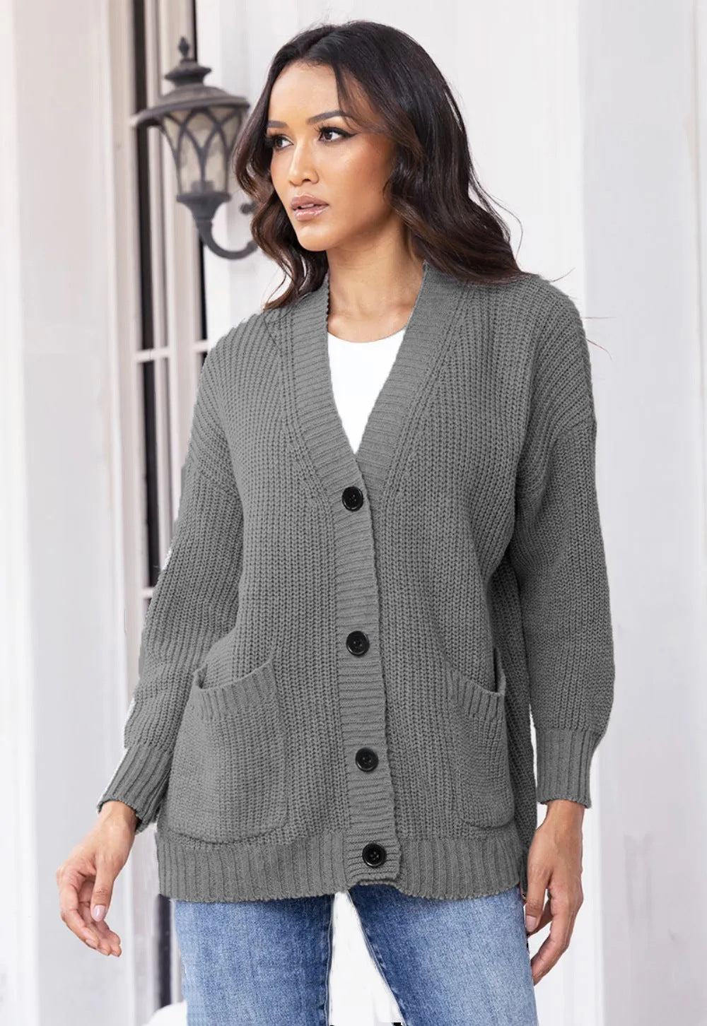 Damen Strickjacke Große Taschen Klassisch Elegante Damenjacke