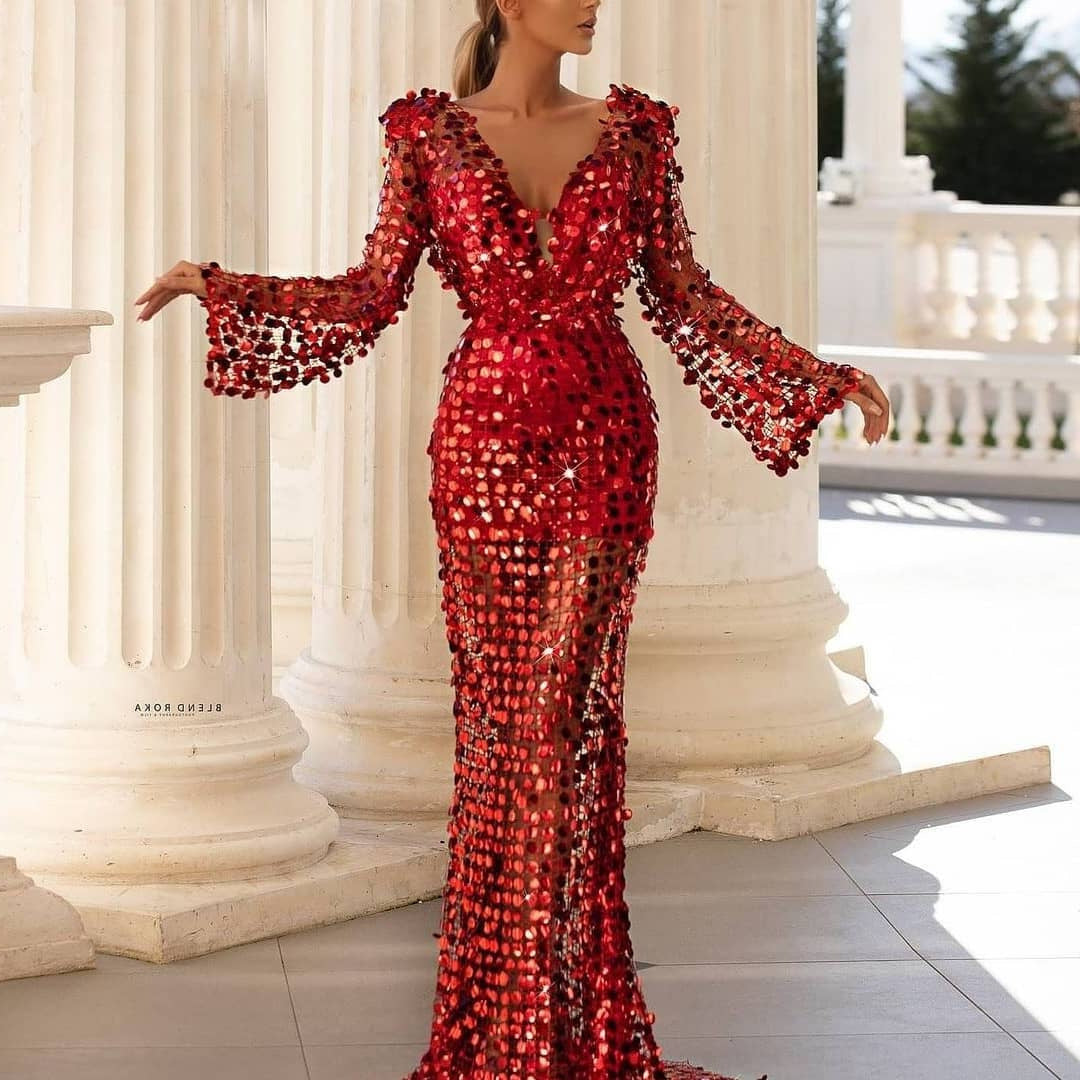 Damen Abendkleid Glamour Pailletten Ärmel Spitze - IdealeKleiden
