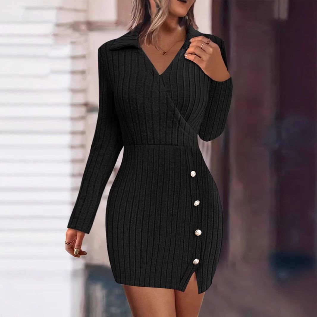 Damen Strickkleid Elegantes Design Mit Knöpfen - IdealeKleiden