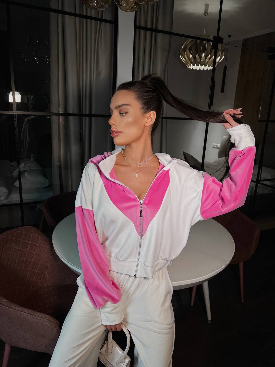 Damen Sportset Velours Kontrast Farben Praktisch