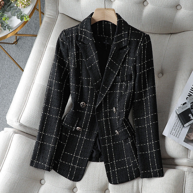 Stylischer Blazer Tweed Optik Doppelreihen Knöpfe Karomuster
