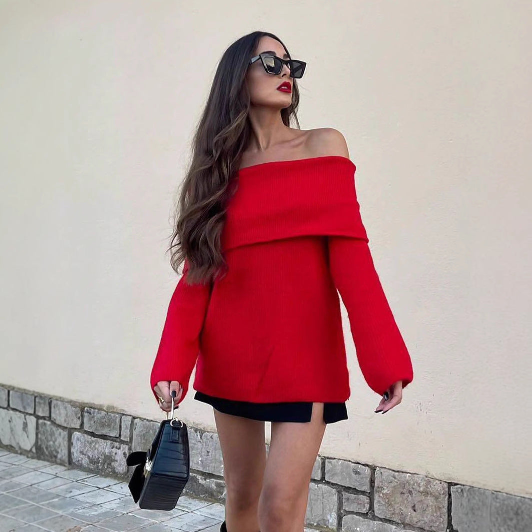 Damen Pullover Lässig Weite Kragen Struktur - IdealeKleiden
