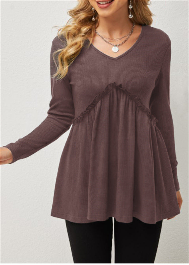 Damen Bluse V-Ausschnitt Rüschen Details Elegante Lange Ärmel
