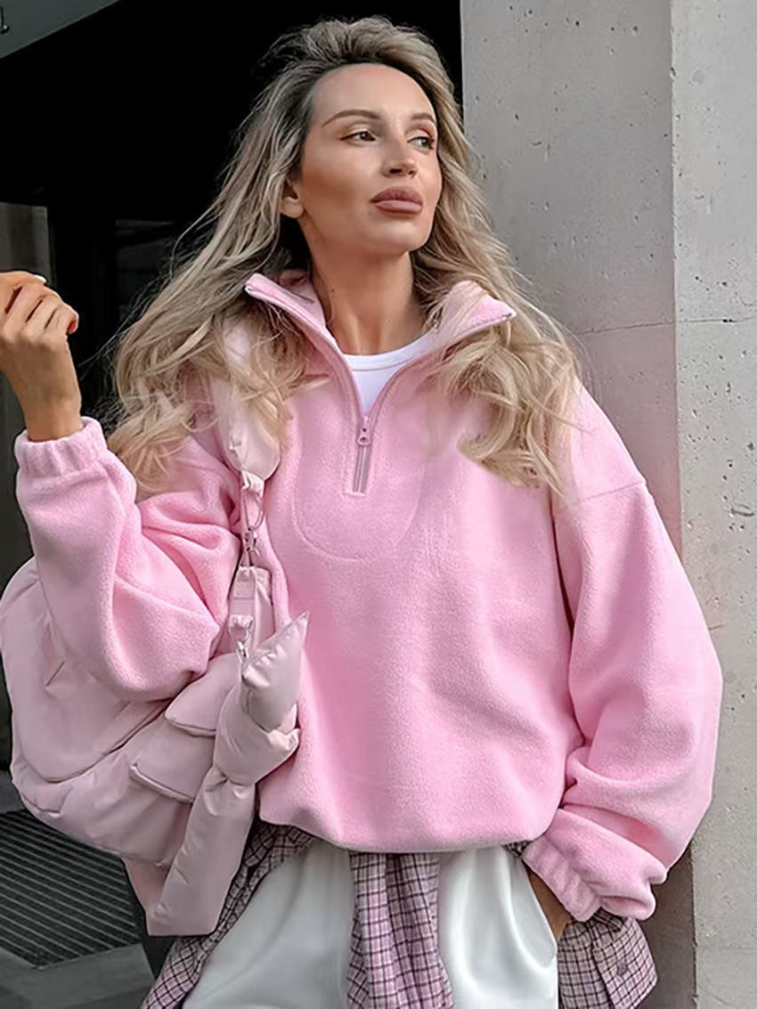 Damen Fleece Pullover Weich Kurz Reißverschluss