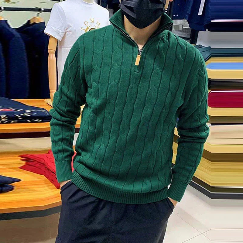 Herren Pullover Zopfstrick Viertelreißverschluss