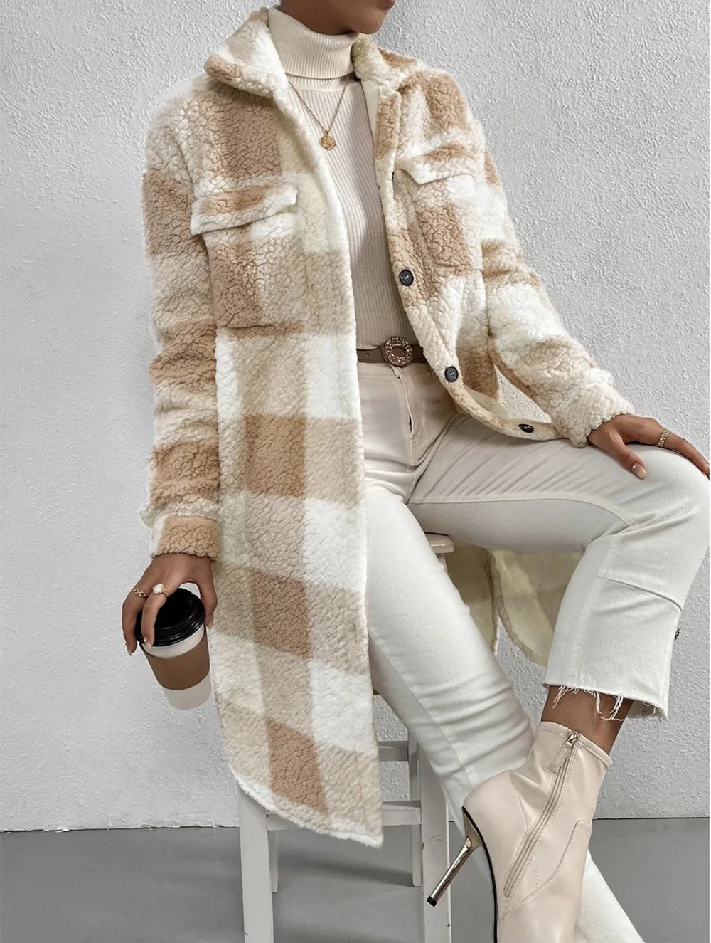 Karierte Strickjacke Damen Lang