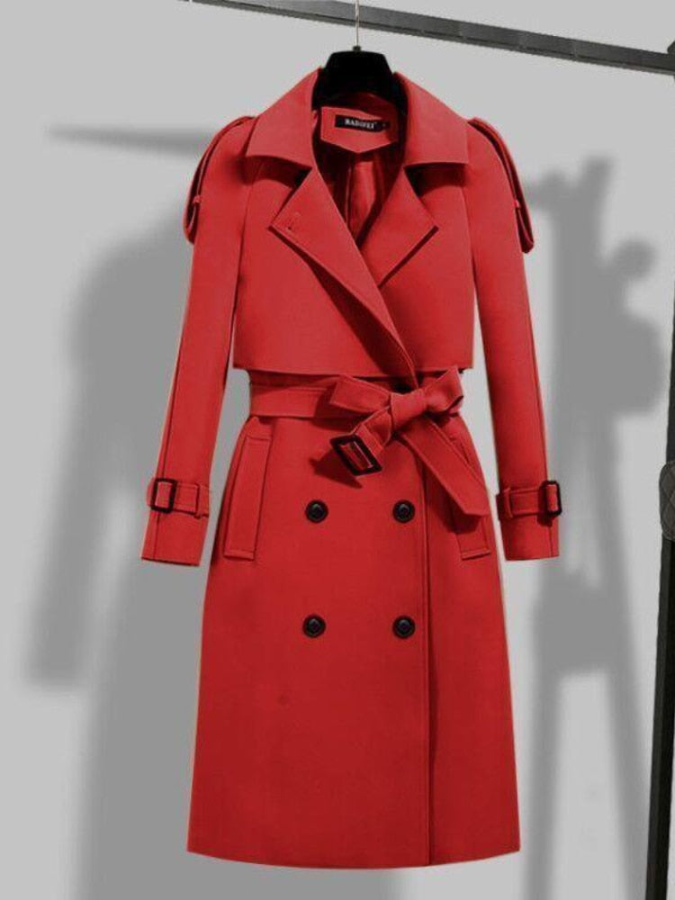 Eleganter Trenchcoat Lang Damenmantel Doppelfütterung Gürtel