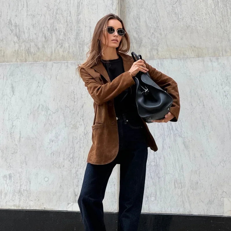 Lederjacke Damen Trendig Wildleder Look - IdealeKleiden