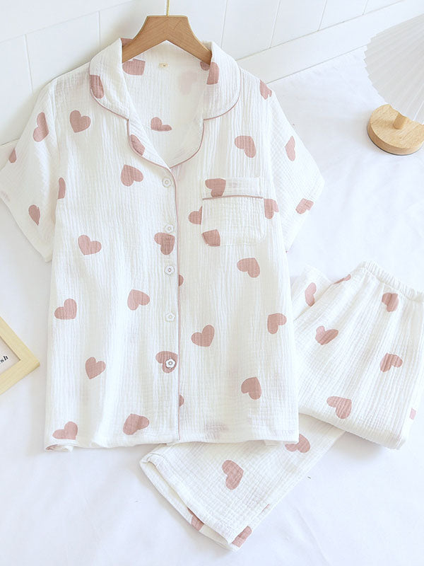 Damen Schlafanzug Set Herz Muster Elegant