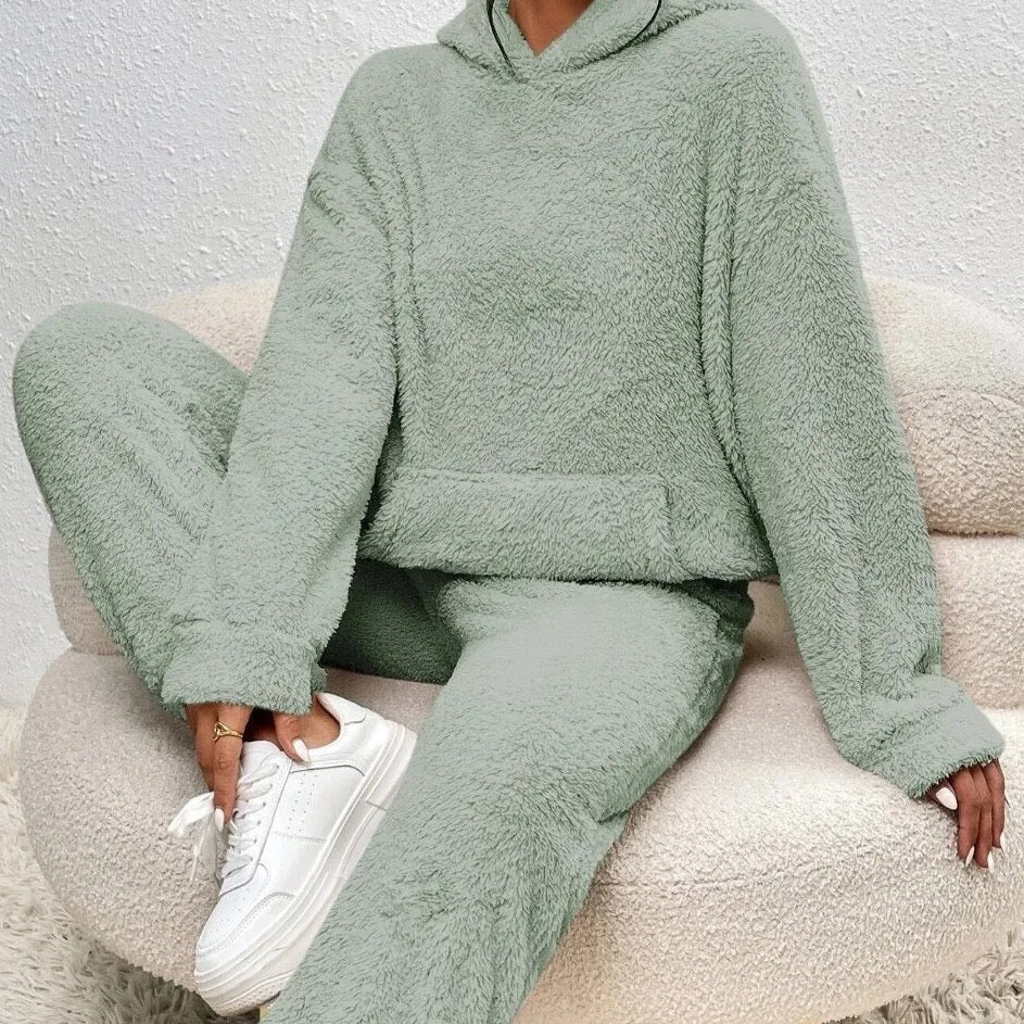 Weiche Teddyjacke Damen Loungewear Set mit Kapuze